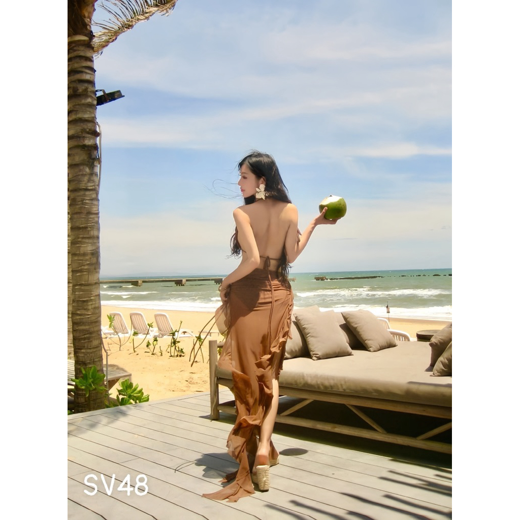 EMMA Set Bikini 3 Mảnh Cổ Yếm, Áo Mặc Nhiều Kiểu, Váy Dài Tua Rua | BigBuy360 - bigbuy360.vn