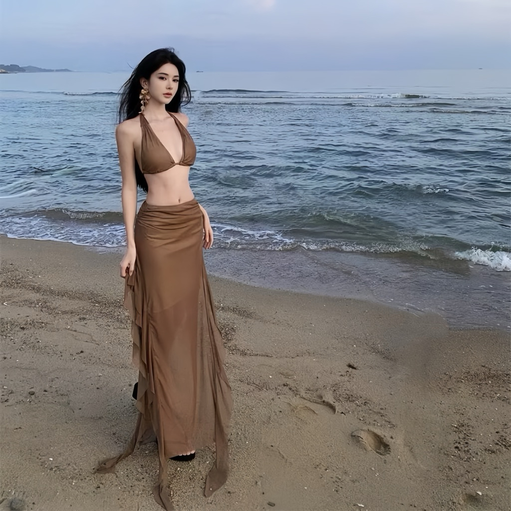 EMMA Set Bikini 3 Mảnh Cổ Yếm, Áo Mặc Nhiều Kiểu, Váy Dài Tua Rua | BigBuy360 - bigbuy360.vn
