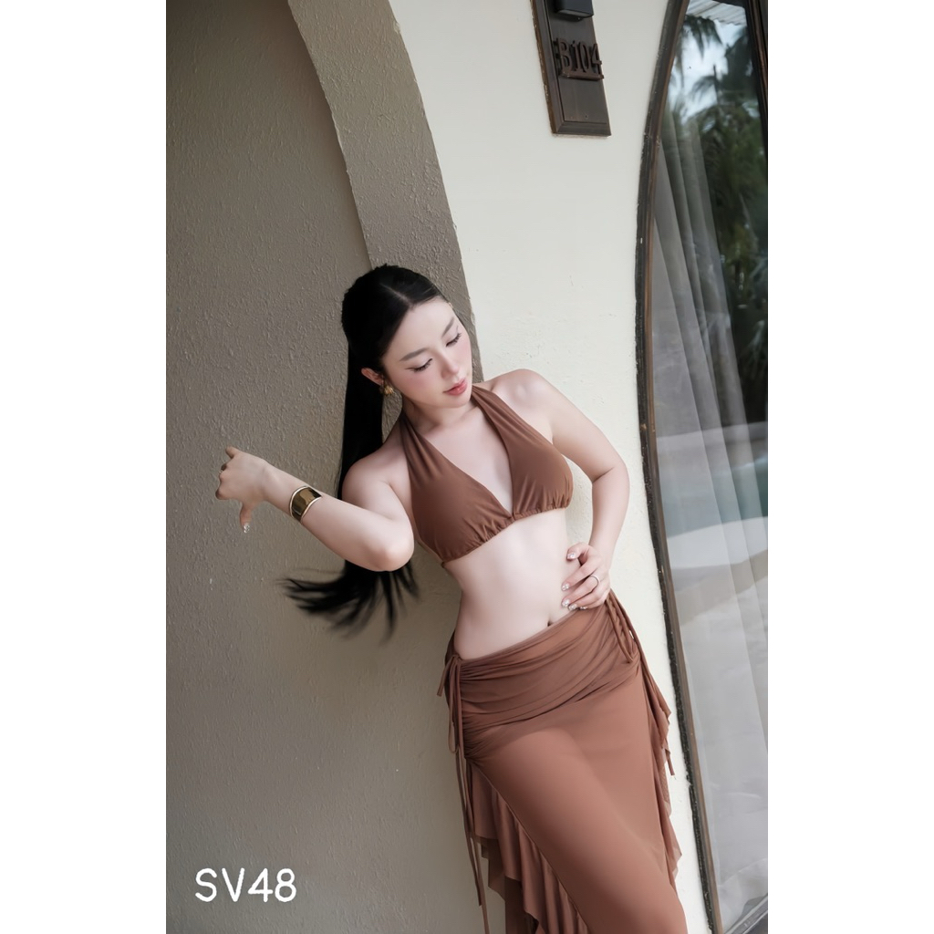 EMMA Set Bikini 3 Mảnh Cổ Yếm, Áo Mặc Nhiều Kiểu, Váy Dài Tua Rua | BigBuy360 - bigbuy360.vn