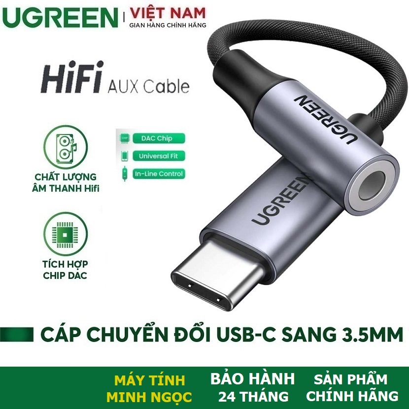 Cáp chuyển đổi Âm Thanh Type C sang cổng 3.5mm Audio có chip DAC dài 10cm cao cấp Ugreen 80154 - Bảo