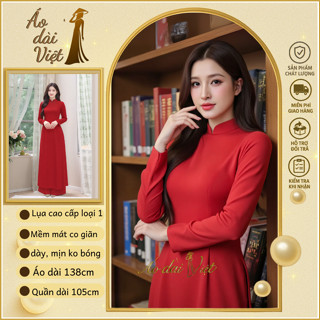 Áo dài truyền thống màu đỏ đậm trơn lụa cao cấp nữ giáo viên đi dạy lễ cưới tết chụp ảnh sang trọng