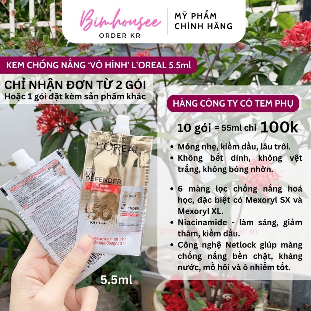 Kem chống nắng L'Oreal Paris UV Defender Invisible Fluid 5.5ml Loreal vạch đỏ x20 mỏng nhẹ vô hình