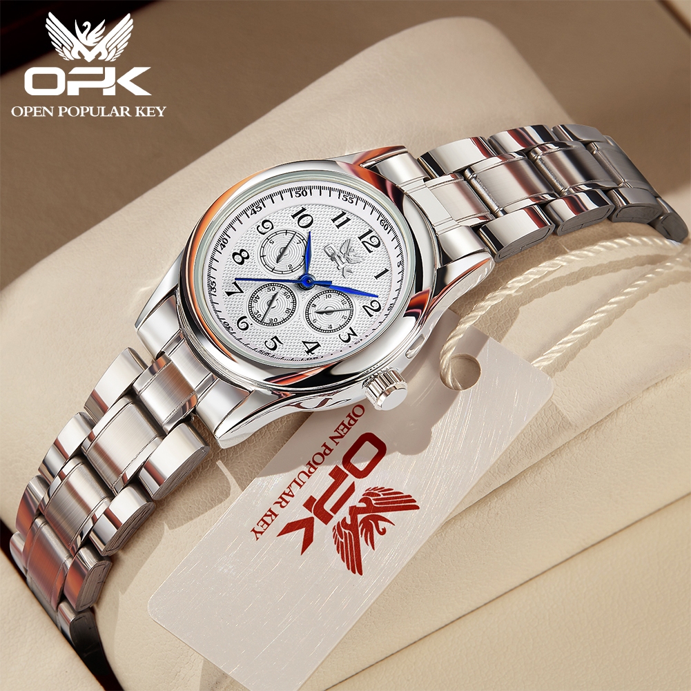 OPK Đồng hồ nữ chính hãng chống nước dây thép mặt trắng thạch anh tinh tế thanh lịch 6012