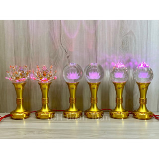 Cặp đèn bàn thờ trái đào pha lê - Đèn quả cầu pha lê - Đèn hoa sen pha lê chân trụ vàng