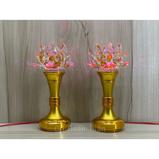 Cặp đèn bàn thờ trái đào pha lê - Đèn quả cầu pha lê - Đèn hoa sen pha lê chân trụ vàng