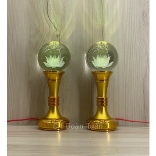 Cặp đèn bàn thờ trái đào pha lê - Đèn quả cầu pha lê - Đèn hoa sen pha lê chân trụ vàng