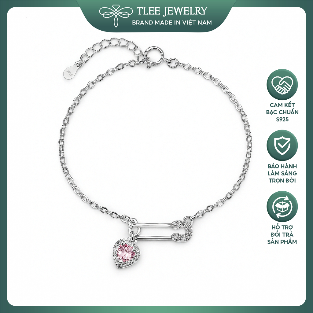 Lắc tay bạc nữ TLEE mặt khóa ghim băng trái tim hồng Safety Pin đính đá TLEE JEWELRY LT0425