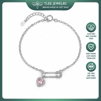 Lắc tay bạc nữ TLEE mặt khóa ghim băng trái tim hồng Safety Pin đính đá TLEE JEWELRY LT0425