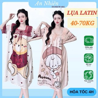 Đầm váy ngủ tiểu thư cổ vuông lụa mịn cao cấp phối ren mềm in 5D sắc nét sang chảnh dễ thương