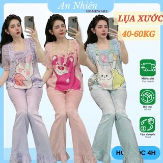  Đồ bộ nữ mặc nhà 40-60kg  bộ ngủ nữ tiểu thư tay ngắn quần dài vải lụa phối voan siêu dễ thương 