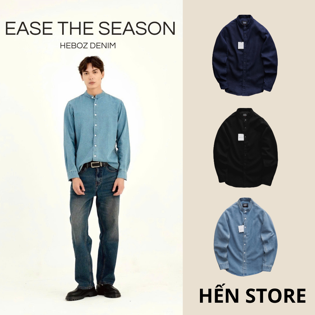 [HẾN STORE MENSWEAR] [KHÔNG NGÂM] Áo sơ mi nam Heboz denim cổ trụ 3M, sơ mi dài tay trơn cao cấp - 0