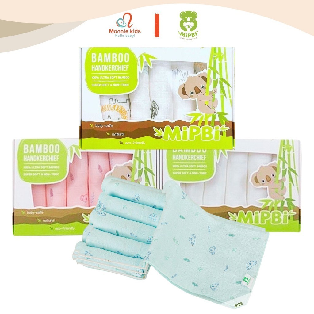 Set 6 khăn sữa sợi tre 3 lớp Mipbi 30x30cm cho bé, khăn mặt trẻ em mềm mại thấm hút - Monnie Kids