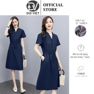 Đầm Linen rút eo, cổ tàu tôn dáng