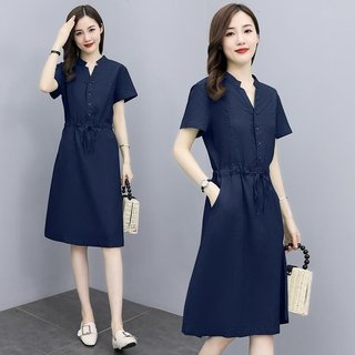 Đầm Linen rút eo, cổ tàu tôn dáng