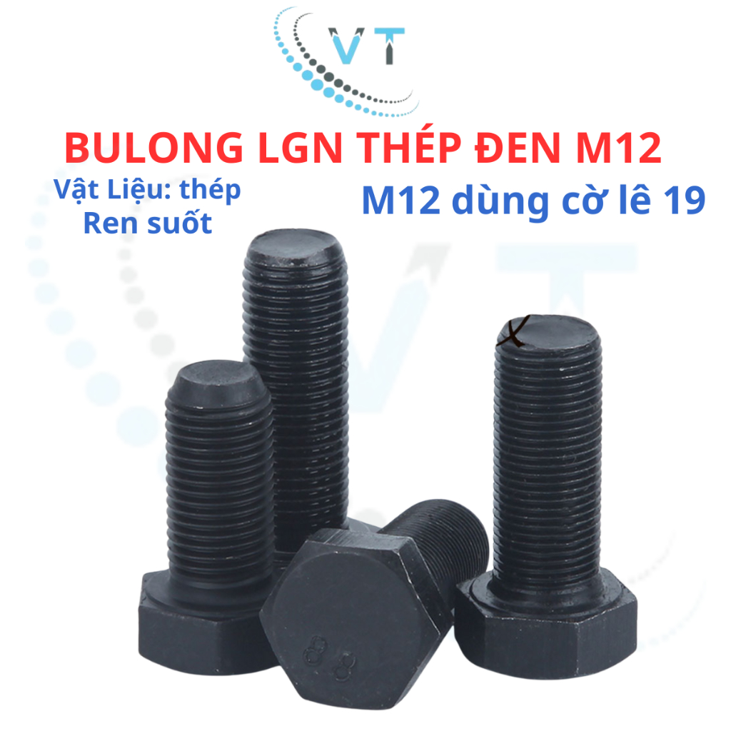 Set 10 con bulong lục giác ngoài đen M12 cấp bền 8.8 M12 dài 30 đến 120