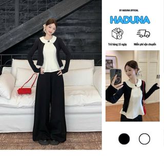 Áo Ba Lỗ Cổ Bẻ Vòm Đính Nơ Phối Kèm Áo Cardigan Đen Mỏng Sành Điệu HADUNA