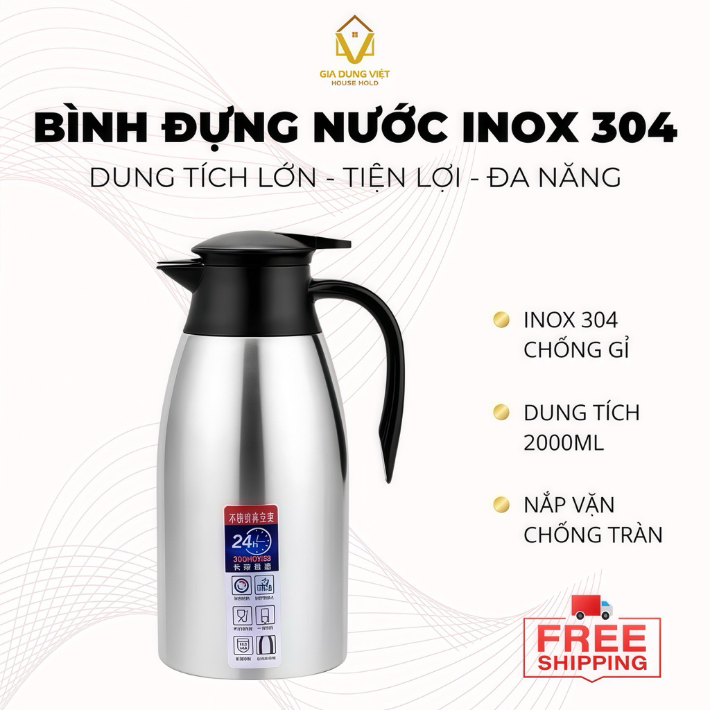 Bình Nước Inox 304 Dung Tích 2000ml Nắp Vặn Kín Giữ Lạnh Lâu Phù Hợp Gia Đình Văn Phòng