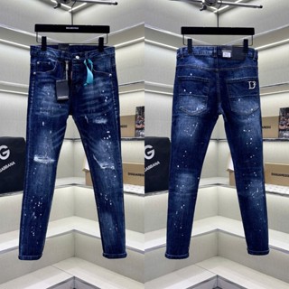  Quần jean bò nam PB slimfit wash xanh bạc khoá lệch rách xước vảy sơn phối tag logo túi boy phố QJ740P 