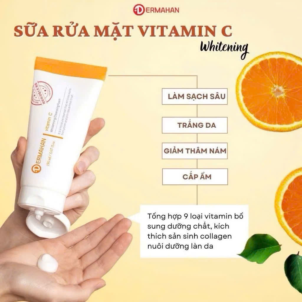 ữa Rửa Mặt trắng da, bổ sung vitamin C, giảm thâm nám DERMAHAN VITAMIN C CLEANSING FOAM