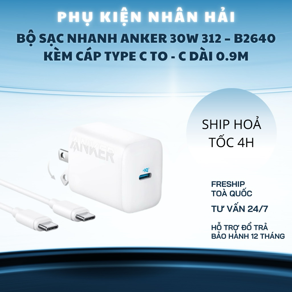 Bộ Sạc Nhanh Anker 30W 312 – B2640 kèm Cáp Type C to - C dài 0.9m