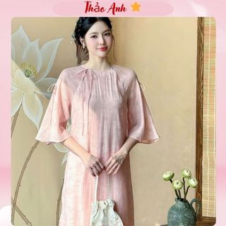    Áo Dài Tết 2026  Áo Dài Cách Tân Trà Uyên Form Suông Tay Lỡ Tơ Crep In Hoa Chìm Đính Nơ Cách Điệu ADTA071 