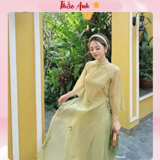 Áo Dài Cách Tân Nhã Kỳ Tơ Thêu Hoa Xanh Tay Lỡ Đính Cúc Đính Nơ Hàng May Sẵn ADTA001