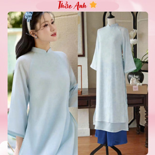    Áo Dài Tết 2026  Áo Dài Mộc An Xanh Dương Tơ In Hoa Chìm From Suông Tay Lỡ Hàng May Sẵn ADTA062 