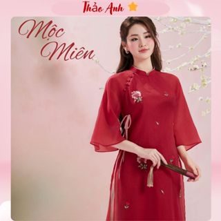    Áo Dài Tết 2026  Áo Dài Mộc Miên Đỏ Tơ Thêu Hoa Cách Tân Hai Lớp Bốn Tà Tay Lỡ Đính Cúc Đính Nơ May Sẵn ADTA017 