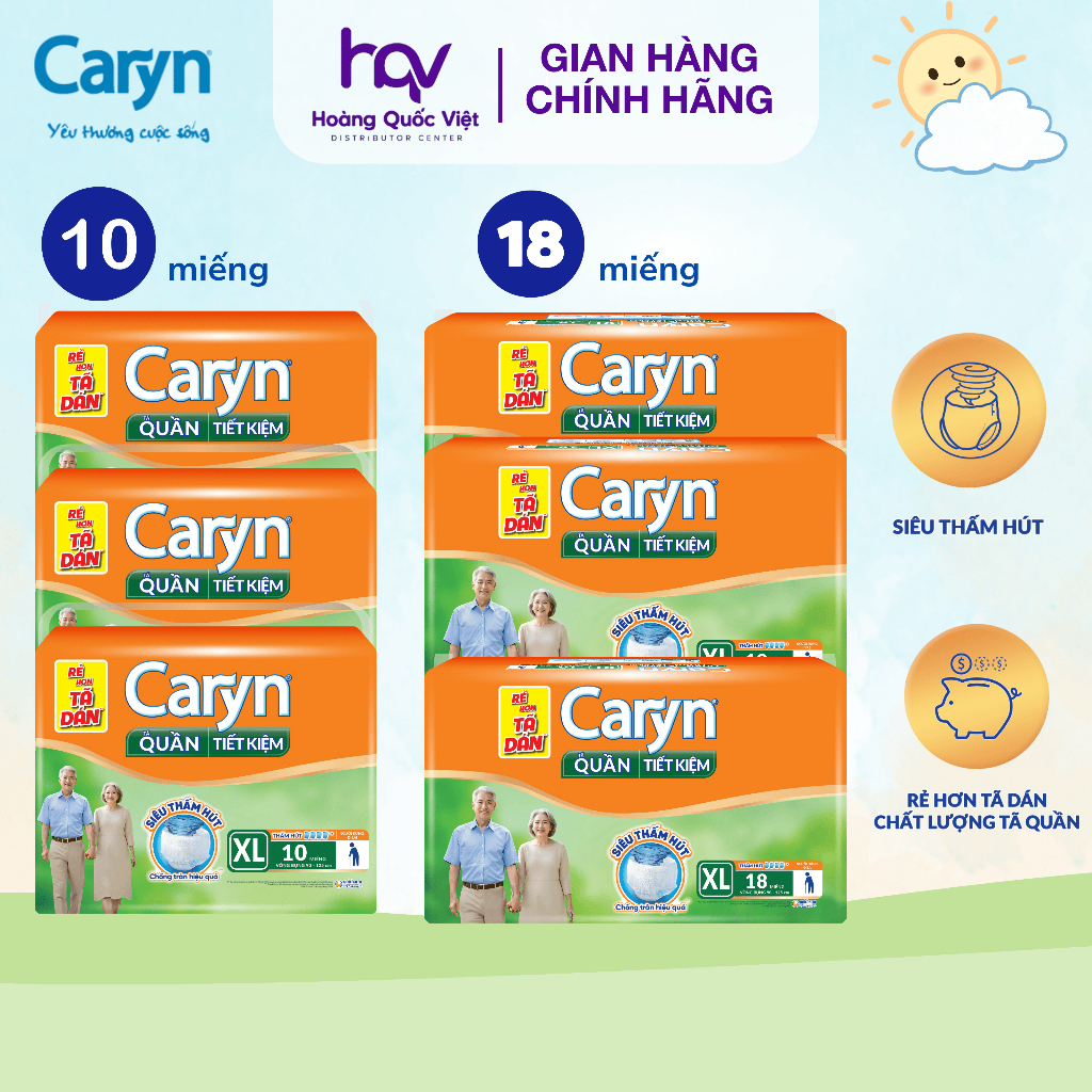 Tã Quần/Tã Dán Caryn Cho Người Già Tã Người Lớn Caryn Chính Hãng Tiết Kiệm, Siêu Thấm Hút, Chống Tràn, An Toàn