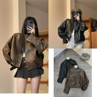Áo Khoác Da BOXY Form Rộng Bo Chun Eo Nhiều Cúc Style Ulzzang-2 màu đen,nâu dành cho nữ
