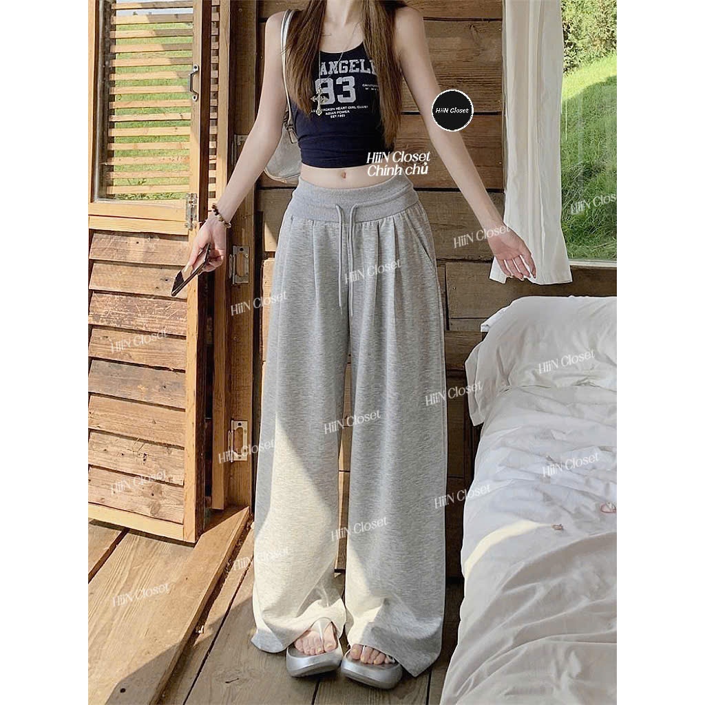 Quần Suông nữ ống rộng cạp cao bo chun - hack eo siu nhỏ - Quần suông nỉ 2 da xếp ly HiiNCloset -145 | BigBuy360 - bigbuy360.vn
