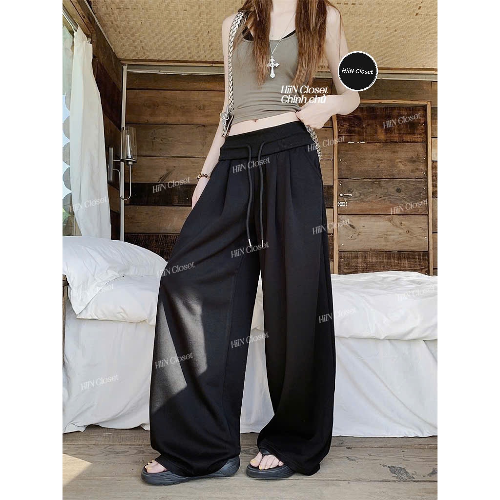 Quần Suông nữ ống rộng cạp cao bo chun - hack eo siu nhỏ - Quần suông nỉ 2 da xếp ly HiiNCloset -145 | BigBuy360 - bigbuy360.vn