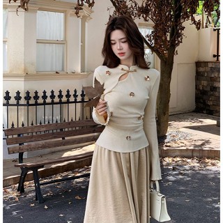 Áo nữ dệt kim kiểu dài tay Choco, đính hoa pha lê sang trọng gân ôm body, cổ Tàu cúc ngọc đính  Hàn Quốc cao cấp dễ mặc