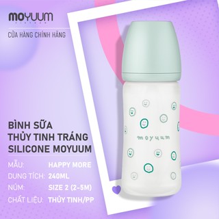 Bình sữa Thủy tinh tráng silicon Moyuum - Mẫu xanh - 240ml - Kèm núm 2