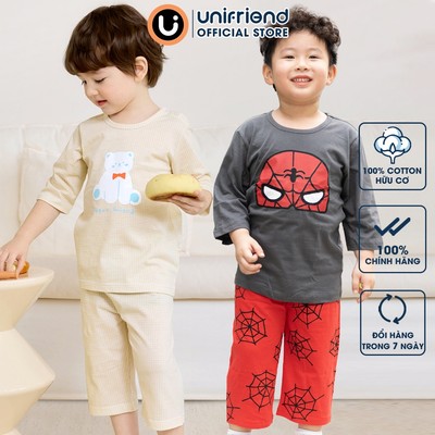 Bộ lửng quần áo thun cotton mặc nhà mùa hè cho bé trai Unifriend Hàn Quốc 2024-2, Size 1-14 tuổi