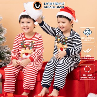Đồ bộ ngủ tay dài trần bông giáng sinh noel 3 lớp dày mùa thu đông dáng rộng cho bé trai, bé gái Unifriend U2023-51