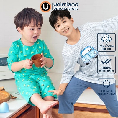 Bộ quần áo thun cotton lửng tay cho bé trai và bé gái mặc nhà mùa hè chính hãng Unifriend Hàn Quốc U2022-4