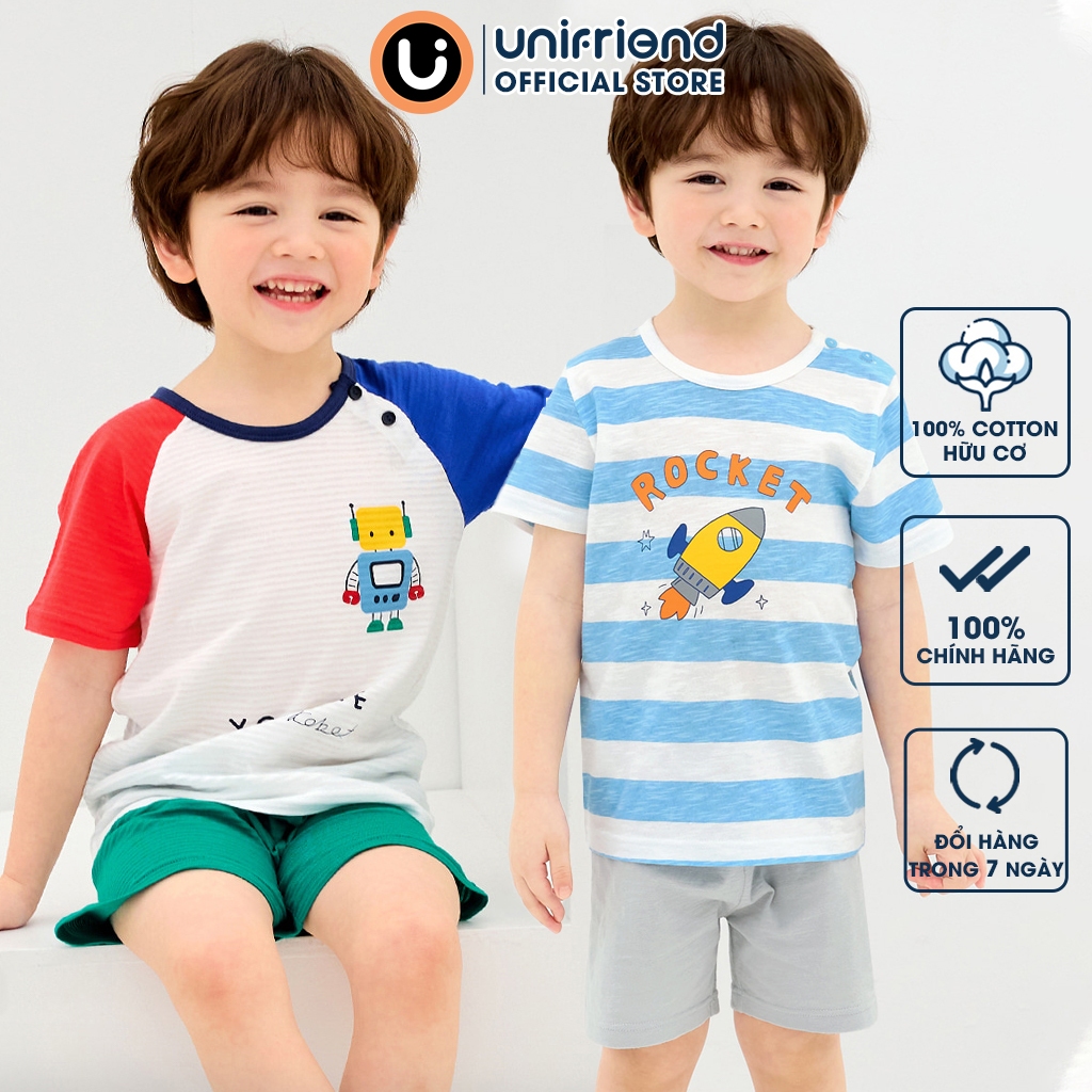 Bộ ngắn tay thun cotton mịn bé trai, bé gái mặc nhà mùa hè Unifriend Hàn Quốc U2023-31. Size đại 5, 6, 8, 10 tuổi