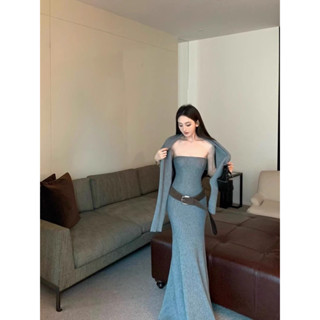  Set đồ nữ sang chảnh tiểu thư áo choàng croptop ngoài + đầm len body cup ngực   tặng kèm dây lưng  hàng QCCC #1128 