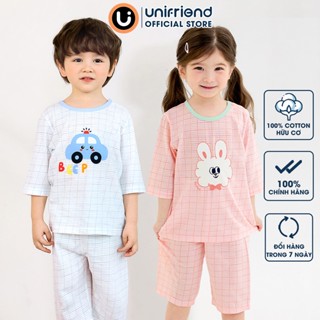 Đồ bộ quần áo thun cotton lửng tay cho bé trai và bé gái mặc nhà mùa hè chính hãng Unifriend Hàn Quốc U2022-3