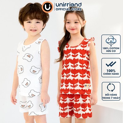 Bộ quần áo ba lỗ sát nách cotton cho bé trai, bé gái mặc nhà mùa hè Unifriend Quốc U2022-11. Size đại trẻ em 5, 6, 8,