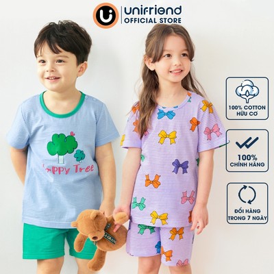 Bộ ngắn tay thun cotton giấy bé trai,bé gái mặc nhà mùa hè Unifriend Hàn Quốc U2024-2. Size đại 5, 6, 8, 10 tuổi