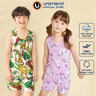 Bộ quần áo ba lỗ sát nách vải sợi tre cao cấp dành cho bé trai, bé gái mặc nhà mùa hè Unifriend Hàn Quốc U2022-13