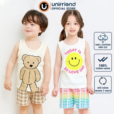 Bộ ba lỗ sát nách quần áo thun cotton mịn mặc nhà mùa hè cho bé gái và bé trai Unifriend Hàn Quốc U2024-7
