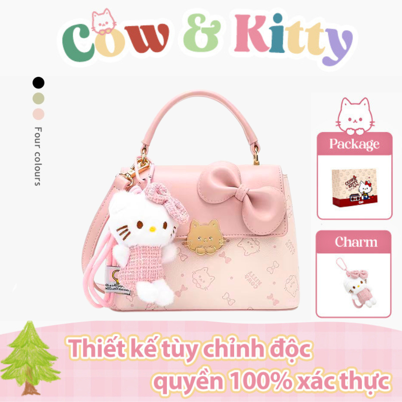 BORRY ROSA  COW & KITTY Túi xách đeo chéo màu hồng túi giỏ màu hồng có khóa kéo và bùa chú mèo, túi tote dành cho nữ