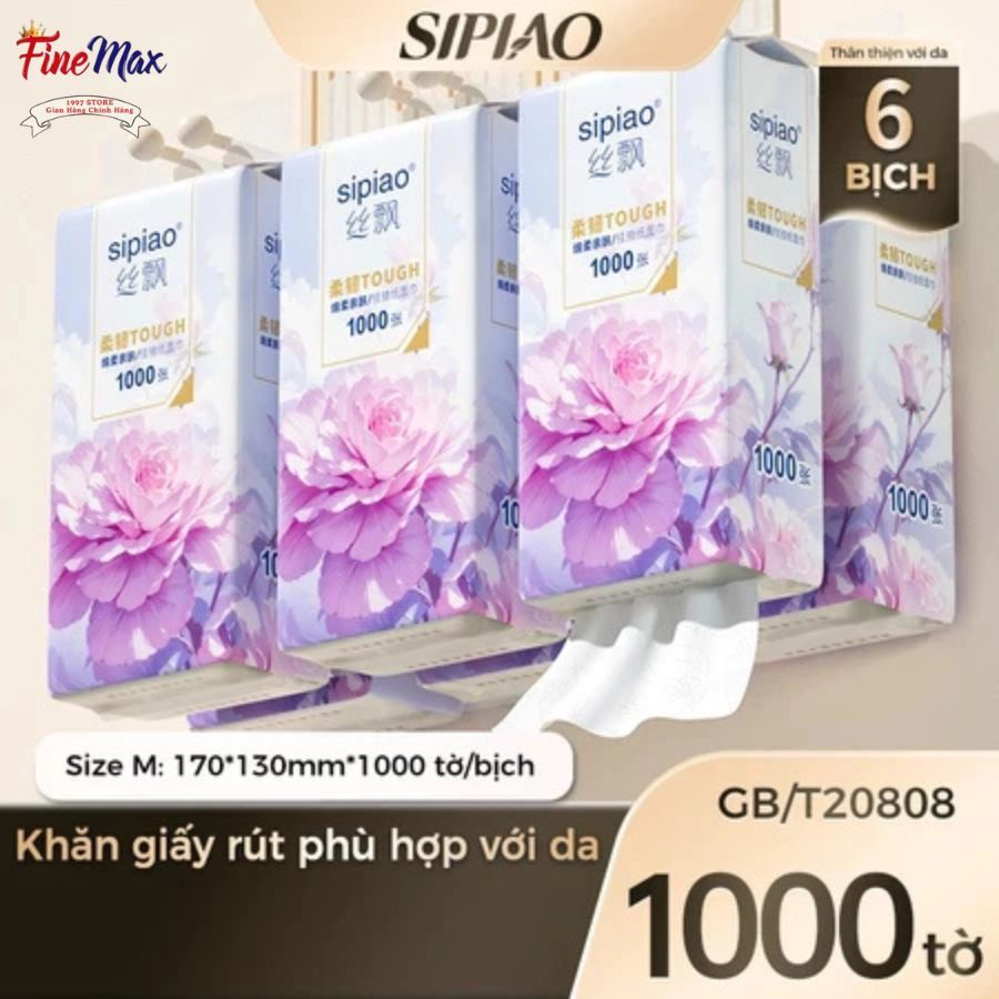 [Thùng 10 Bịch] Giấy Ăn Rút Treo Tường SIPIAO Hoa Mẫu Đơn Tím, Khăn Giấy Ăn 4 Lớp, Bịch/1000 Tờ Tặng Kèm 4 Móc Treo