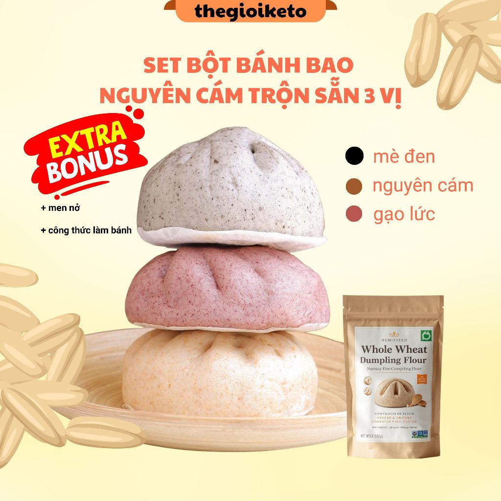 bột bánh bao nguyên cám 3 vị gạo lức , mè đen , diêm mạch  chuẩn healthy food (500gr)