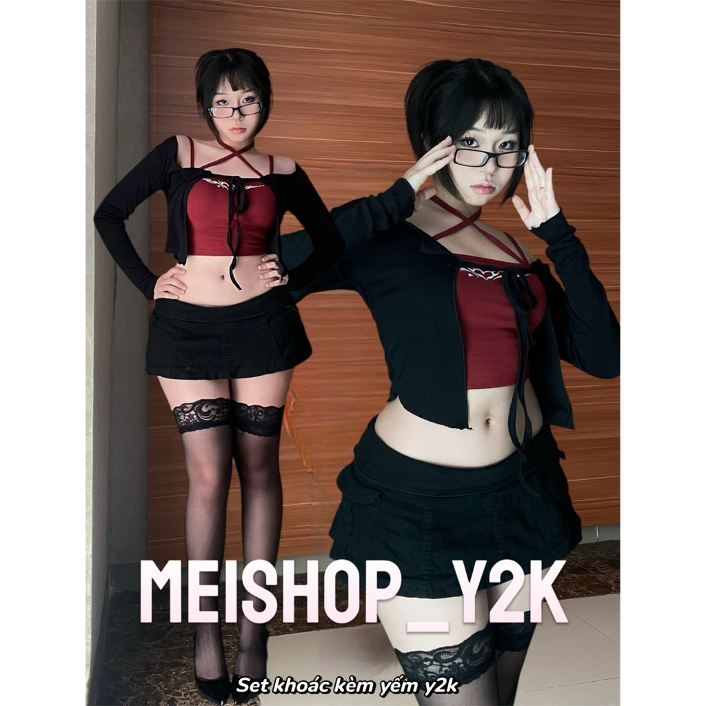 (Sẵn)Set khoác cardigan kèm yếm croptop style y2k hàng new