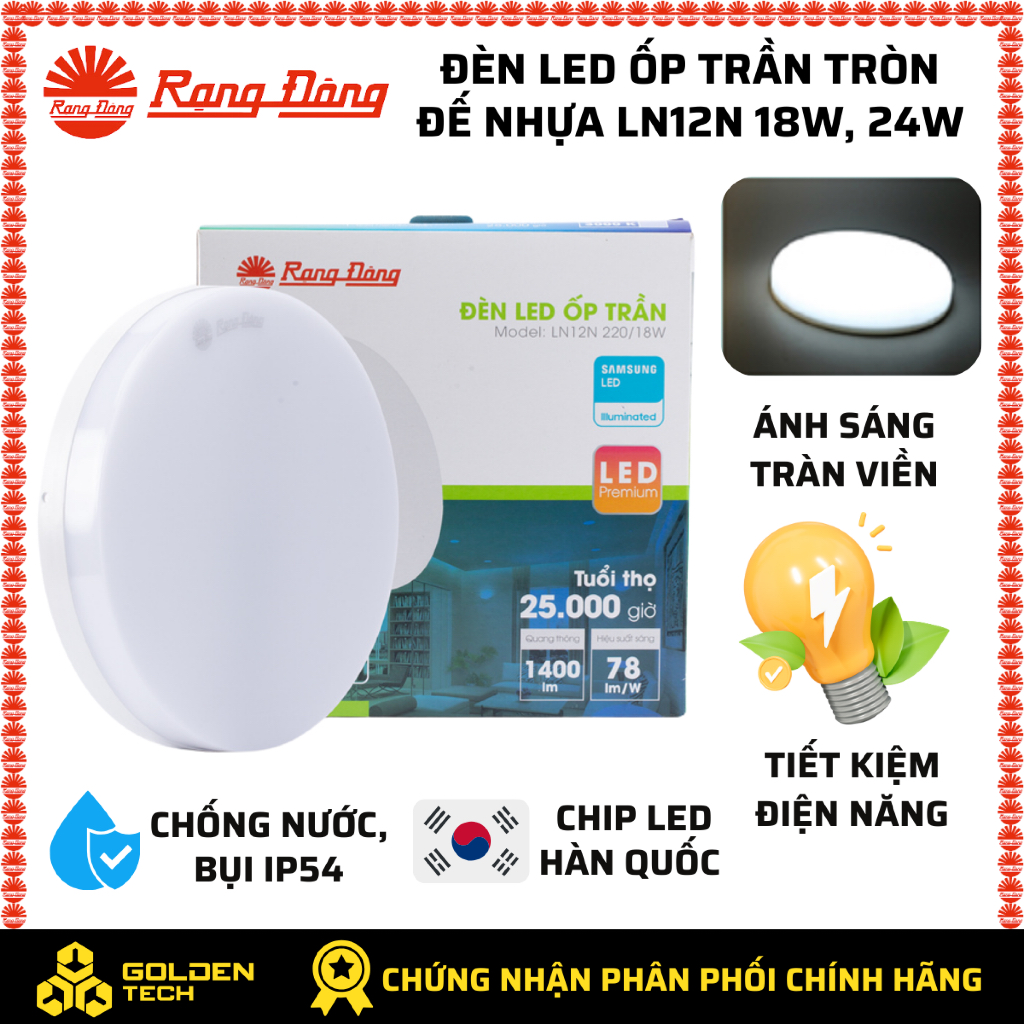Đèn Led ốp trần tròn đế nhựa LN12N 18W, 24W Rạng Đông Ánh sáng Trắng