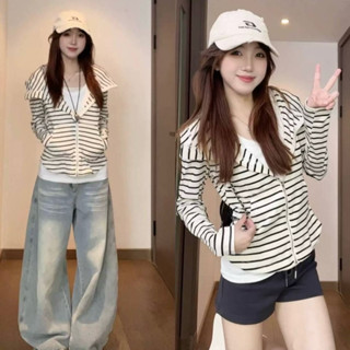   ẢNH THẬT  SẴN Áo khoác nỉ có mũ dáng hoodie chùm đầu sọc ngang đen và trắng chiết eo ôm sát body y2k dài tay thu đông 